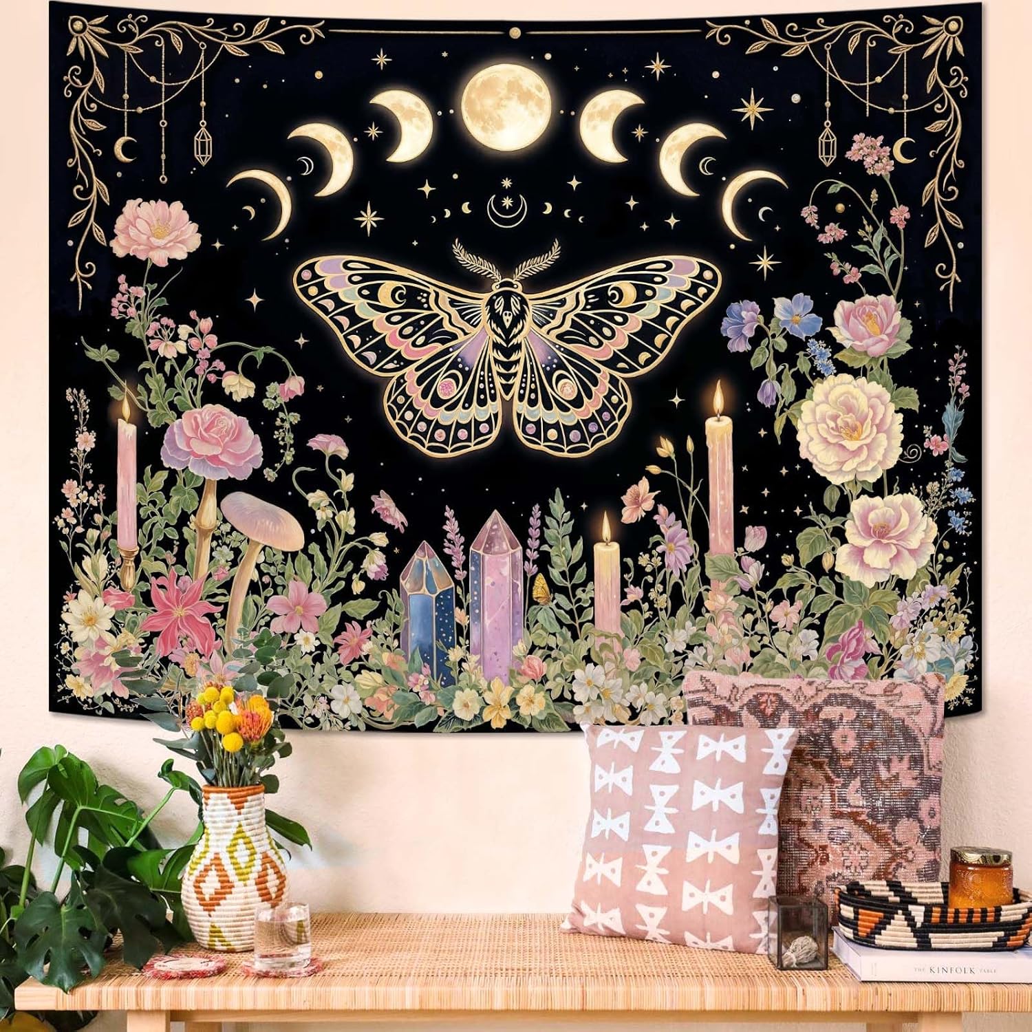 Aesthetic Tapestry - Tapisserie murale papillon, phases de lune,